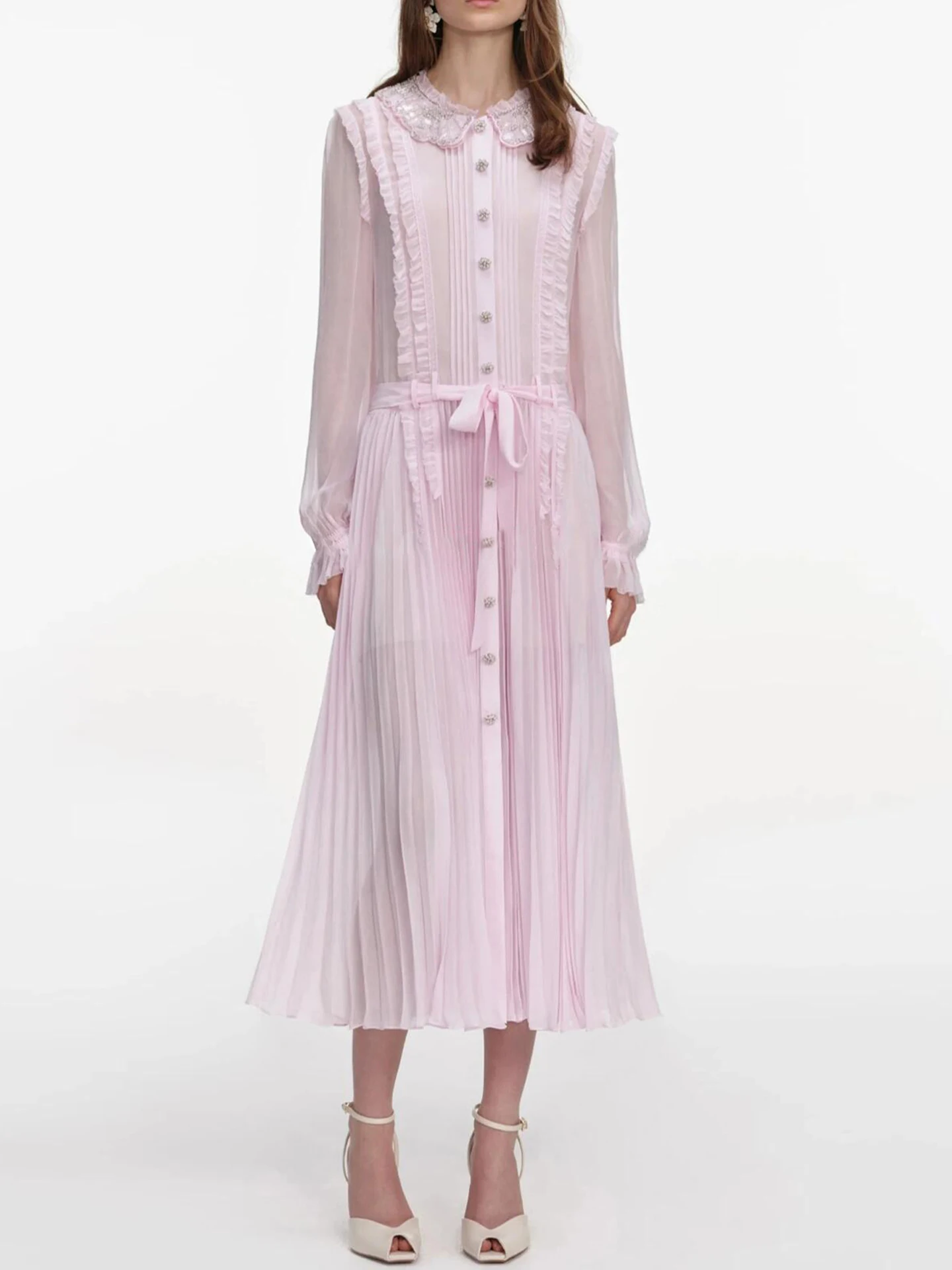 달콤한 장식이 있는 인형 칼라 주름 드레스 여성 프리미엄 패션 가을 겨울 출퇴근 스타일 하이웨이스트 롱 스커트...