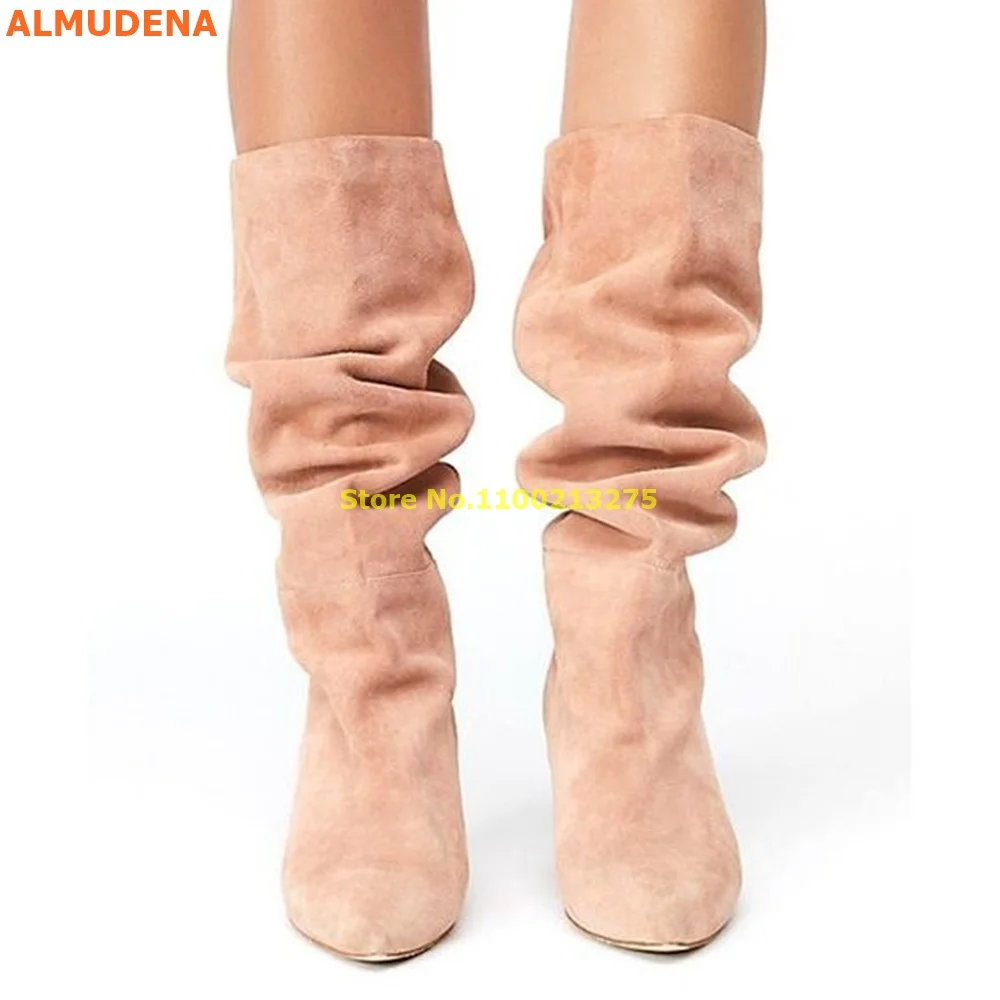 

Suede Pink Red Knee High Boots Thin Heel Winter Sleek Suede Tall Boots Featured Slouch Silhouette Easily Dressed Up Or Down