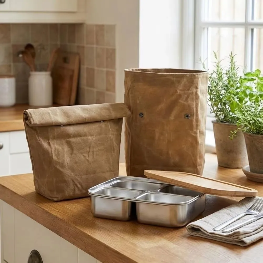 Large Capacity Waxed Canvas Lunch Bag Waterproof Anti-Fouling Insulated Lunch Bag Aluminum Foil Waxed Canvas Reusable Cooler Bag