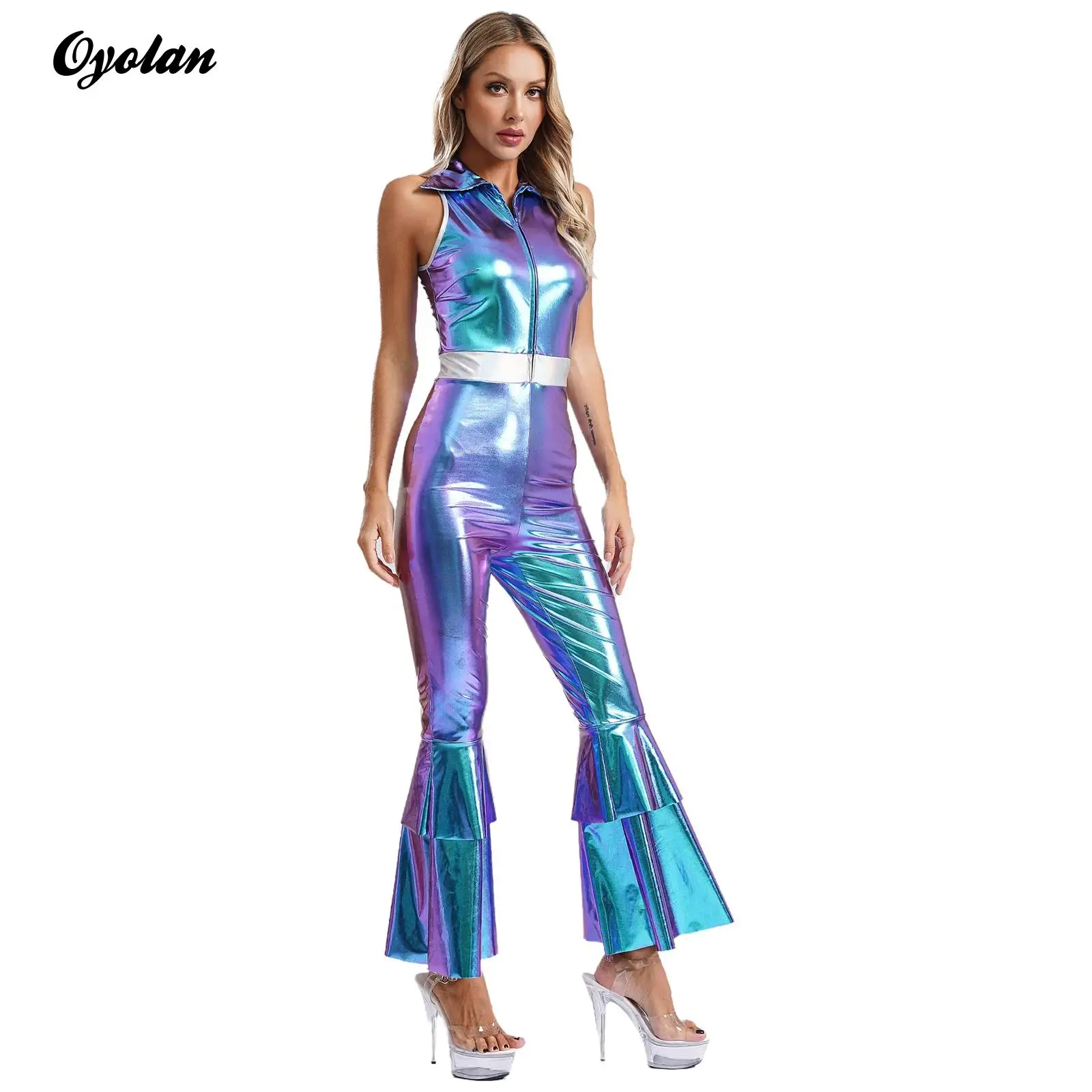 

Women Shiny Metallic 70s Disco Party Jazz Dance Costume Lapel Collar High Waist Flared Jumpsuit Disco Dance Singer Costume