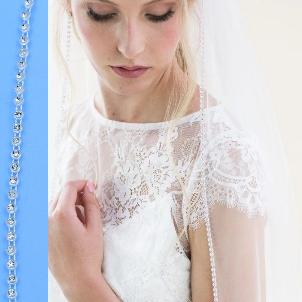 

TOPQUEEN V138 Bridal Veils Diamante Edge Chapel Length Wedding Veil 1 Tier Chapel Veil With Rhinestone Trim Wedding Crystal