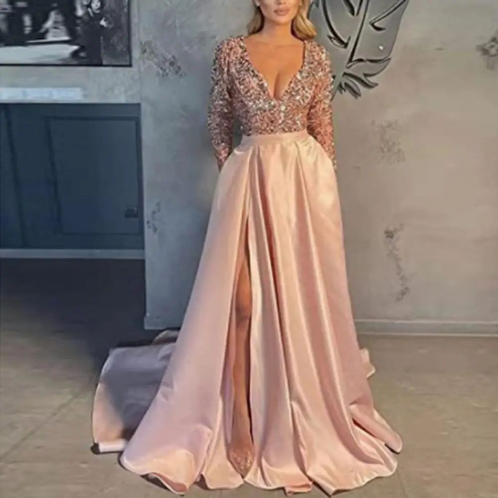 Women Evening Dress V Neck Sequin High Waist Split Hem A-line Big Swing Floor Length Satin Prom Wedding Party Lady Maxi Dress