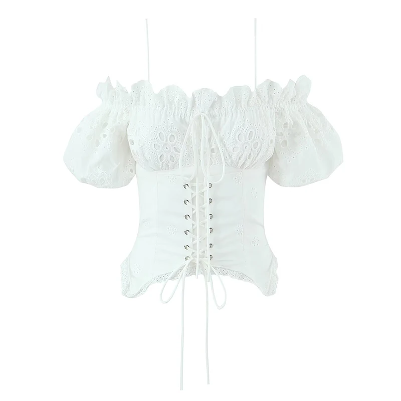 

YENKYE French Sweet Sexy Off Shoulder White Top For Beautiful Girls Front Lace Up Short Sleeve Embroidery Party Summer Tops 2026