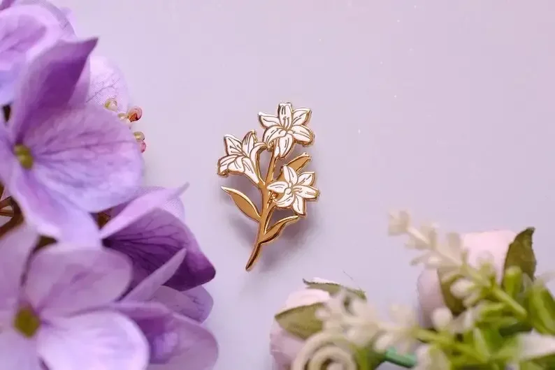 White Lily Flower Enamel Pin - Pastel Lapel  Hard   Plant Lover Gift Cute  Nature