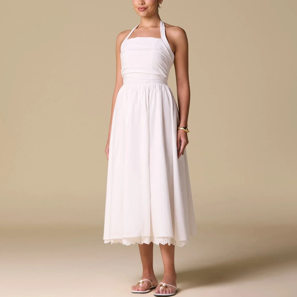 カスタマイズされたホワイトレーストリムホルターミディドレスAラインイブニングドレスフォーマルモダン絶妙な高品質プロムパーティガウン女性