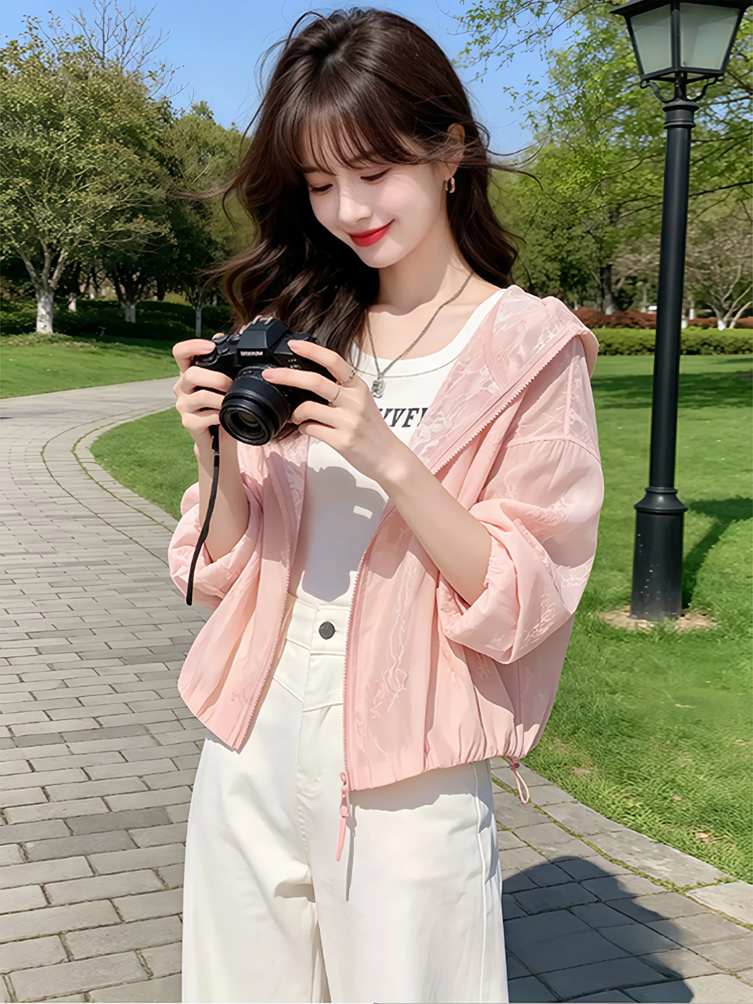 Embroidered Lace Sun Protection Jacket Women's Casual Outdoor Cycling Top Breathable Loose Fit Long Sleeve Zipper Closure