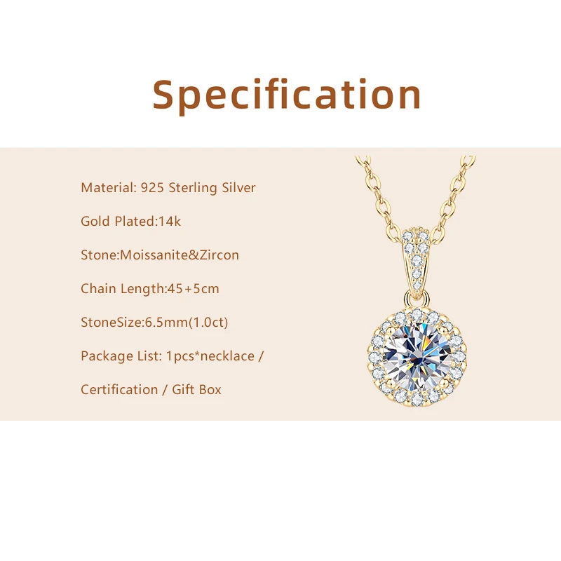 Lnngy Collier Argent 925 Sterling Silver Halo Pendant Necklaces For Women Certified 6.5mm Round Moissanite Necklace Jewelry