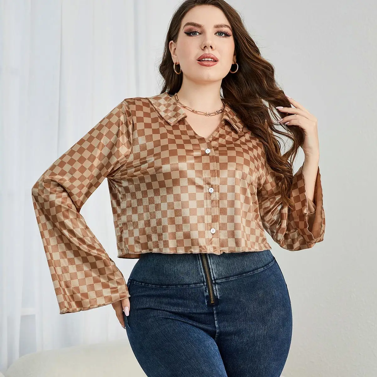 

Plus Size Women Plaid Shirts Fashion Color Collision Lapel Long-sleeved Commute Ladies Blouse Large Elegant Casual Loose Tops