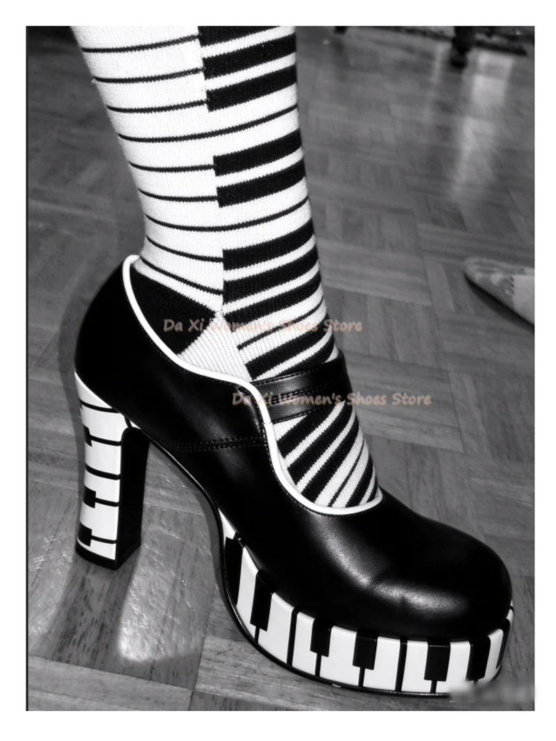 Gothic Punk Style Black And White Piano Keys Piano Keys Pattern Mary Janes Round Head Double Buckle Chunky Heel Shoe Party Women