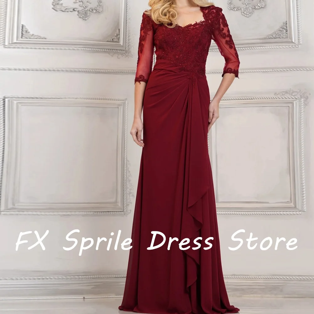 Burgundy Exquisite Square Neck Lace 3/4 Sleeves Crystal Floor Length Straight Sweep Train Elegant Luxury Evening Dress 2024