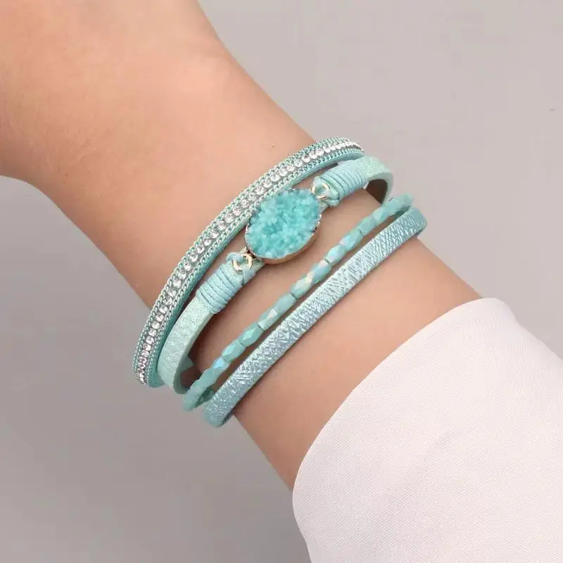 Amorcome Druzy Stone Charm Leather Wrap Bracelets Magnetic Clasp Women Boho Multilayer Cuff Bangle Crystal Bead Bracelet Jewelry