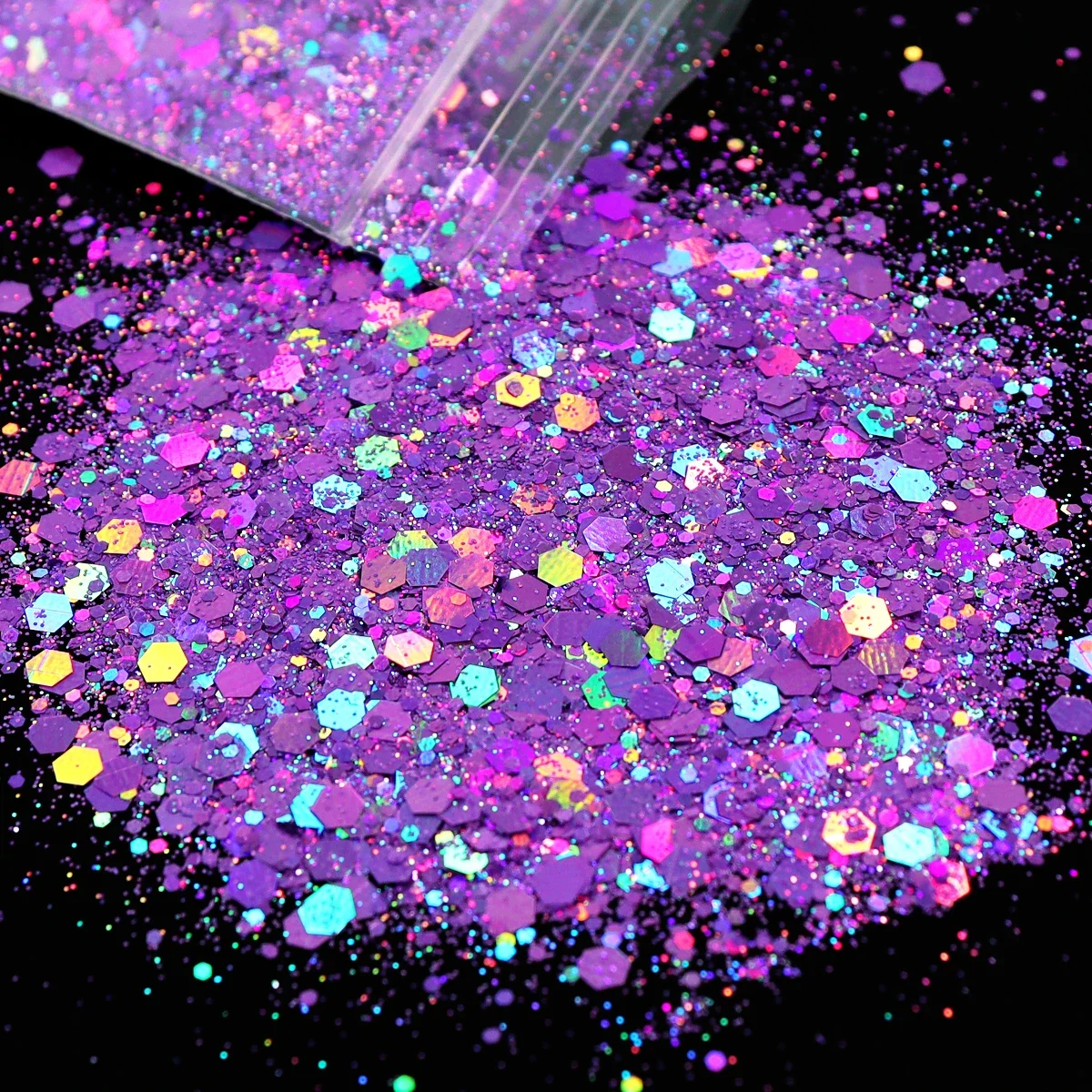 Roxo Holográfico Prego Glitter, Mixed Hexagon Chunky, Decoração de lantejoulas brilhante, Nails Art Accessories Supplies, 10g por saco