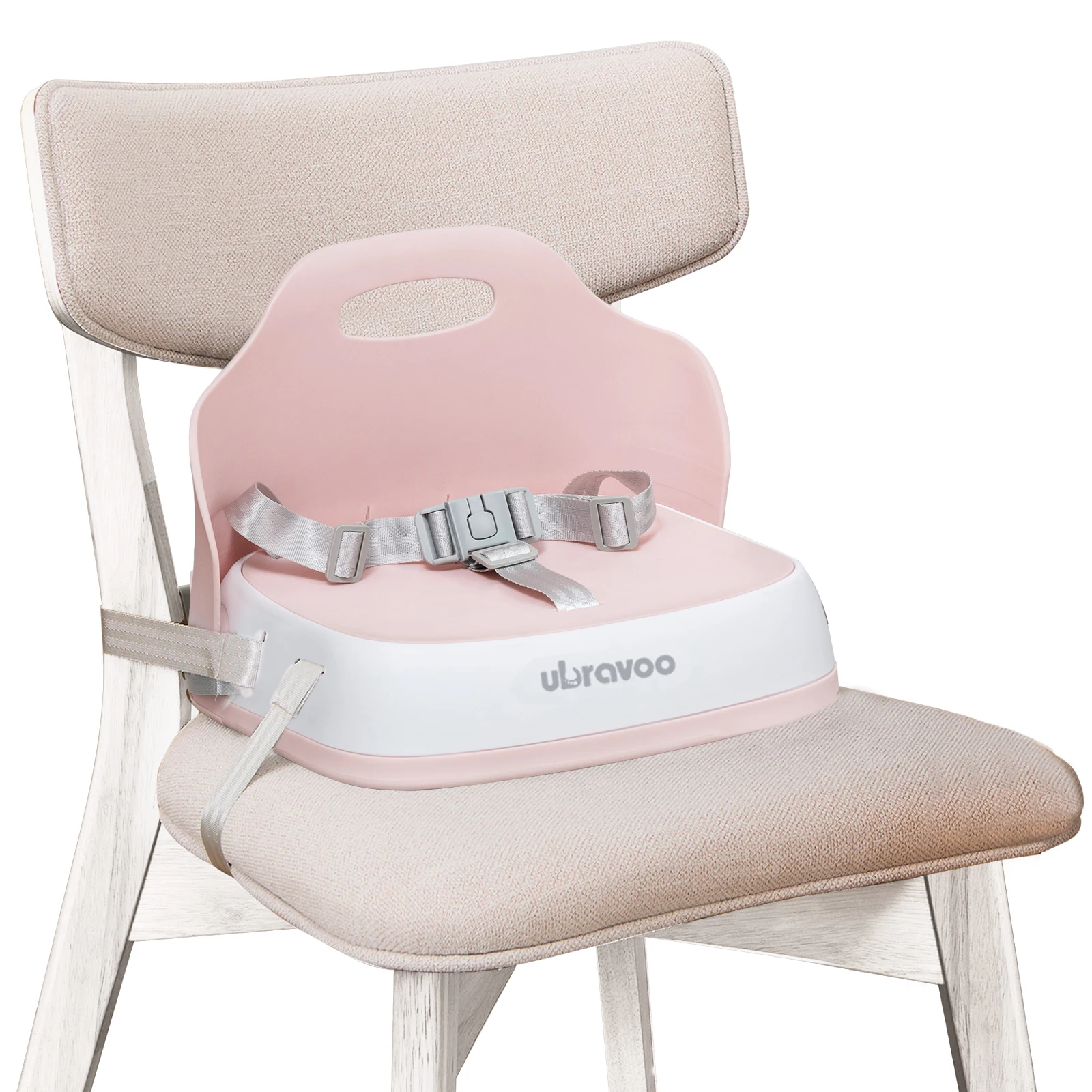 Portable booster seat for children to eat, travel high chair with 3-point harness and 2 adjustable straps, washable