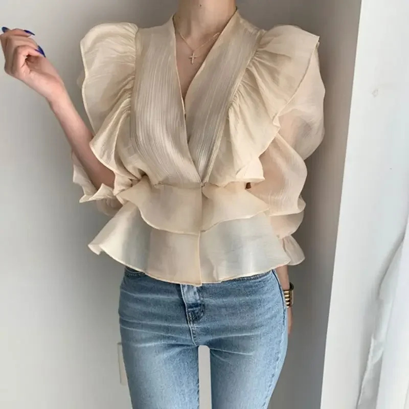 Women Vintage Ruffles Design Elegant Blouse Fashion V Neck Chic Chiffon Shirts Solid Long Sleeve Gothic Tops Slim Blusas L285