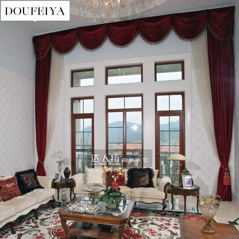 European Luxury Wine Red Velvet Curtain Living Room Blackout Custom Tulle Valance Lace Palace Thicken Decoration Window Fabric