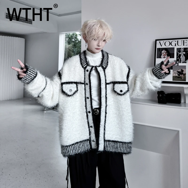 

WTHT модные мужские повседневные пальто в полоску с принтом Burr Edge Design, модные осенние куртки 202, контрастные цвета с круглым вырезом, мужские 2A1880