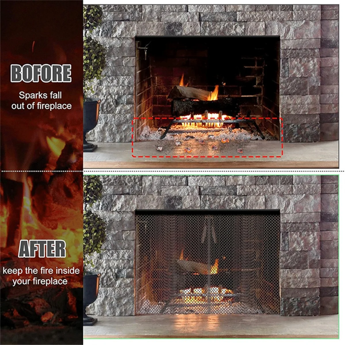 Fireplace Mesh Screen Curtain,2 Packs Spark Guard Mesh Metal Fire Screen Panel with Pulls for Home Fireplace, 19 Inch