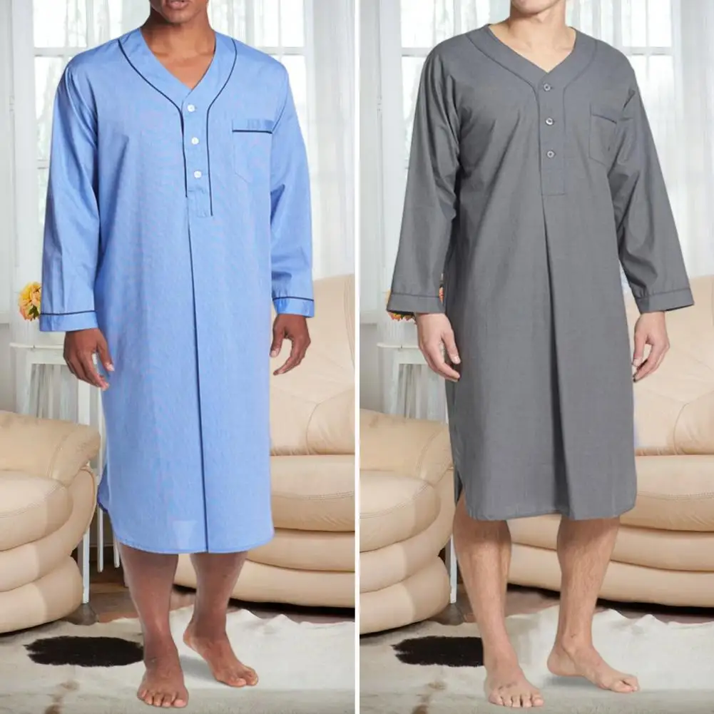 Long Nightrobe Men\'s Knee Length V-neck Bathrobe with Soft Breathable Fabric Convenient Pockets for Comfortable Nightwear