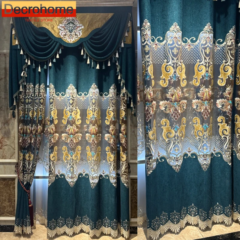 

Customized Peacock Blue Embroidered Window Screen Hollowed Out Chenille Curtains for Villa Living Room Bedroom Balcony French