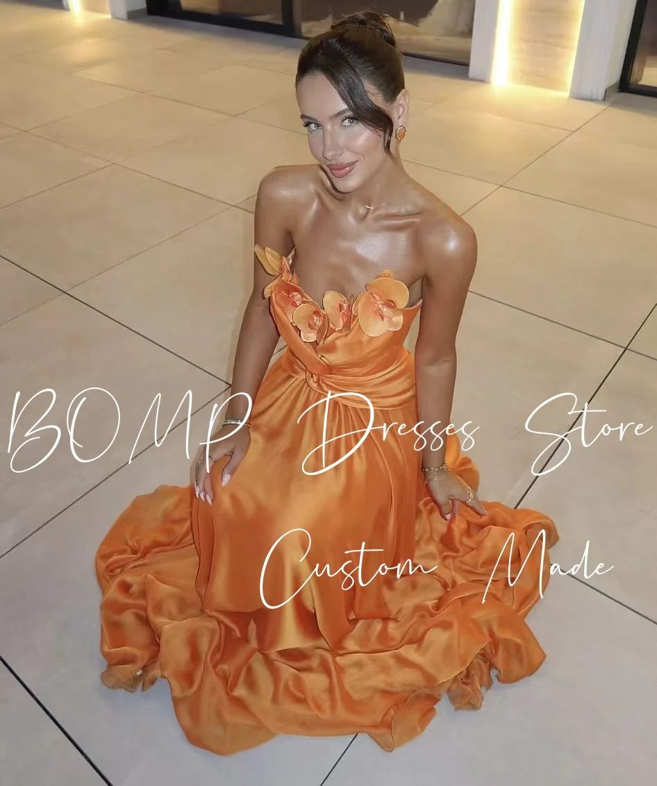 BOMP Elegante abito da cerimonia nuziale arancione senza spalline con applicazioni drappeggiate fino al pavimento in raso per occasioni speciali, abito da sera personalizzato