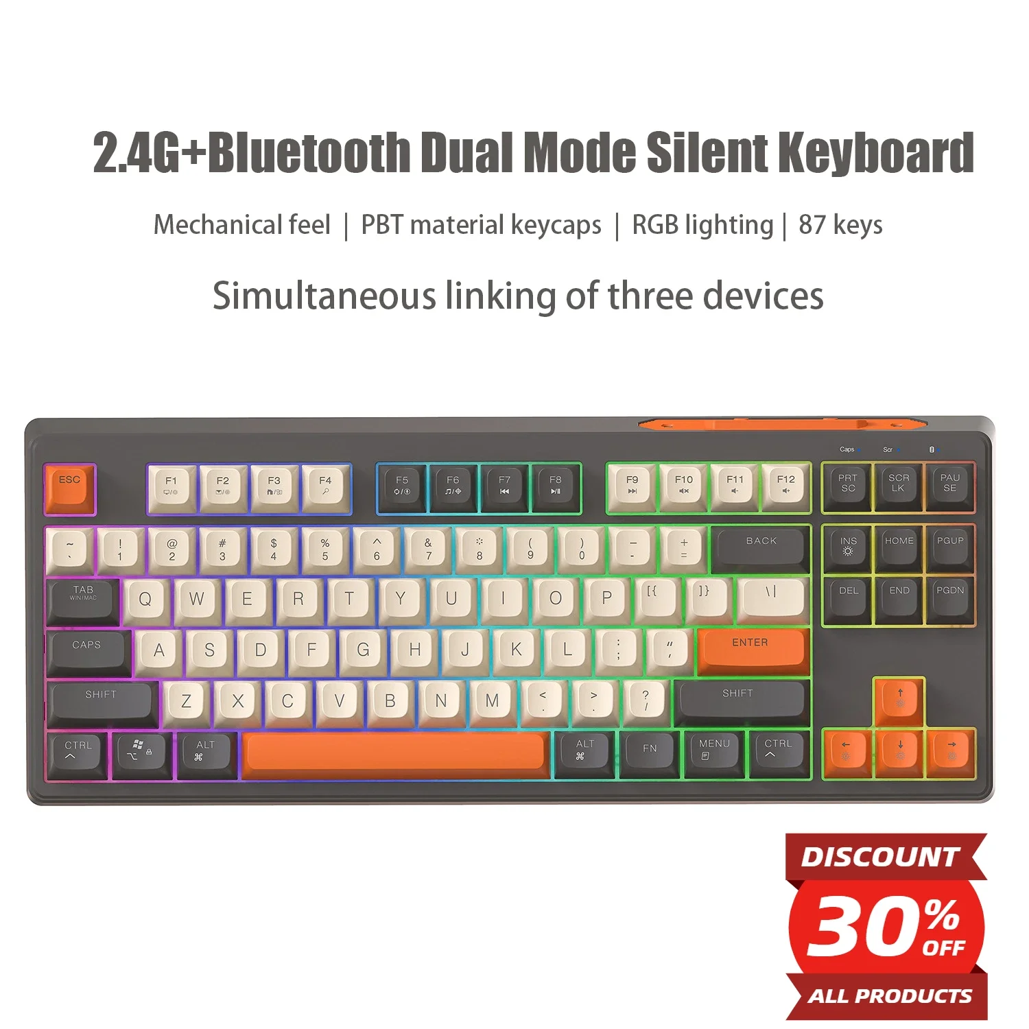 

M87 RGB Mixed Light Keyboard Dual-mode Wireless Bluetooth 5.0 2.4G Silent Keyboards All Keys No Conflict Office Gaming Keyboard