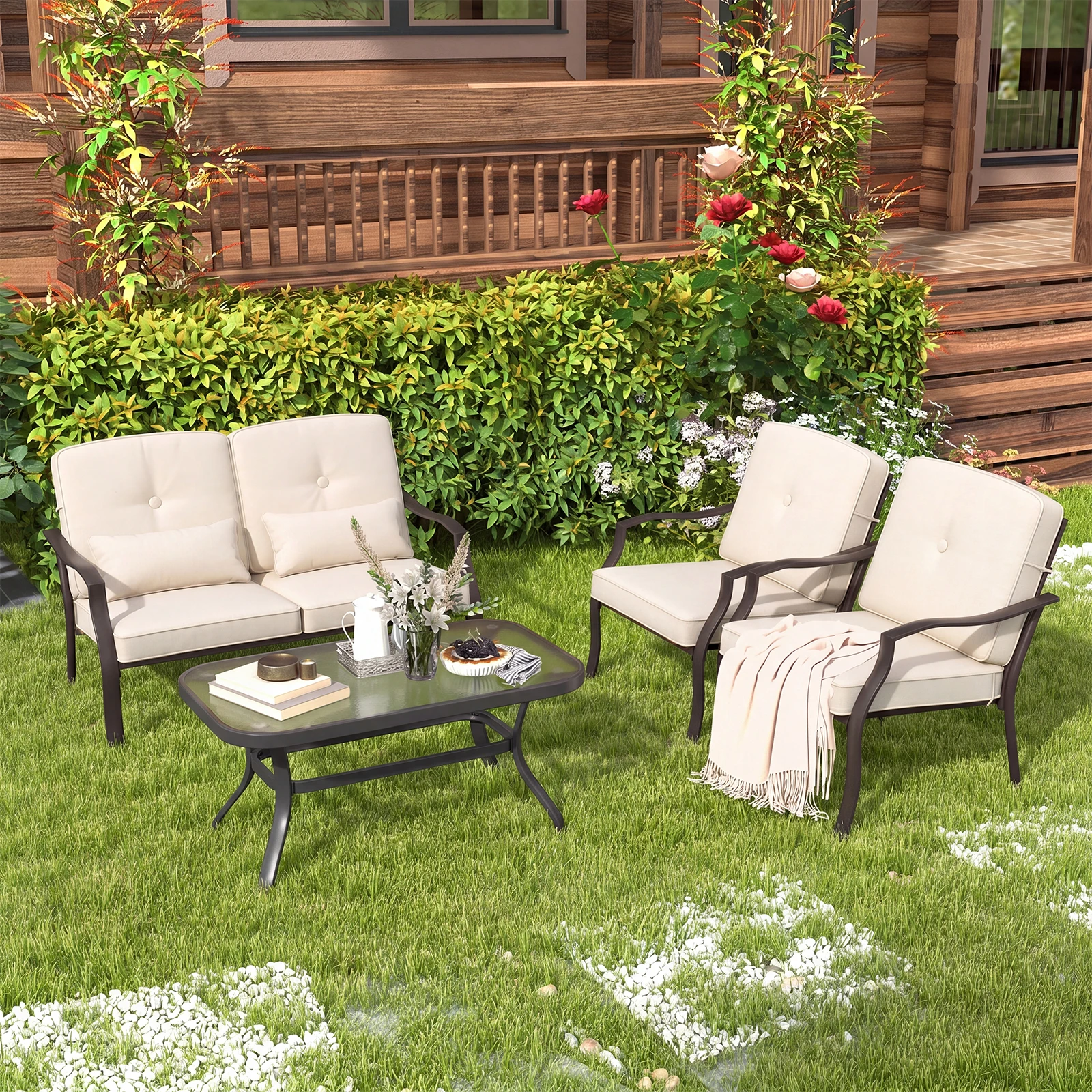 4 PCS Patio Metal Chairs Outdoor Dining Seat Heavy Duty w/ Cushions Garden Beige