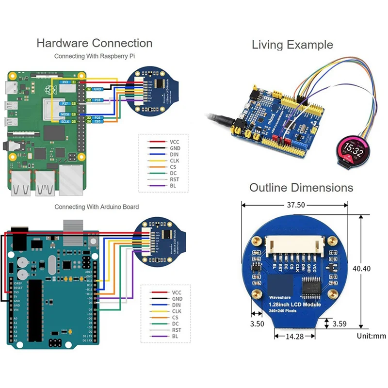 B74A 3Pcs 1.28Inch Round Display LCD Screen Module GC9A01 SPI Communication RGB 65K Color Support For Raspberry