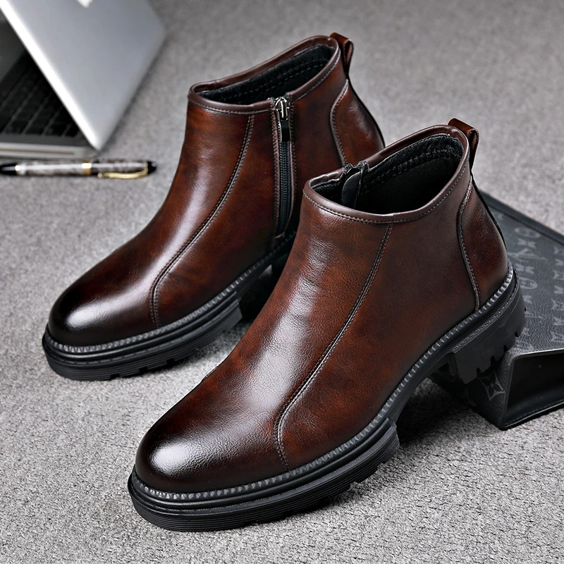 Chelsea Boots Men's English Style Low Top Genuine Leather Premium Smoke Pipe Thick Bottom Side Zipper Ankle with Plush Cowboy