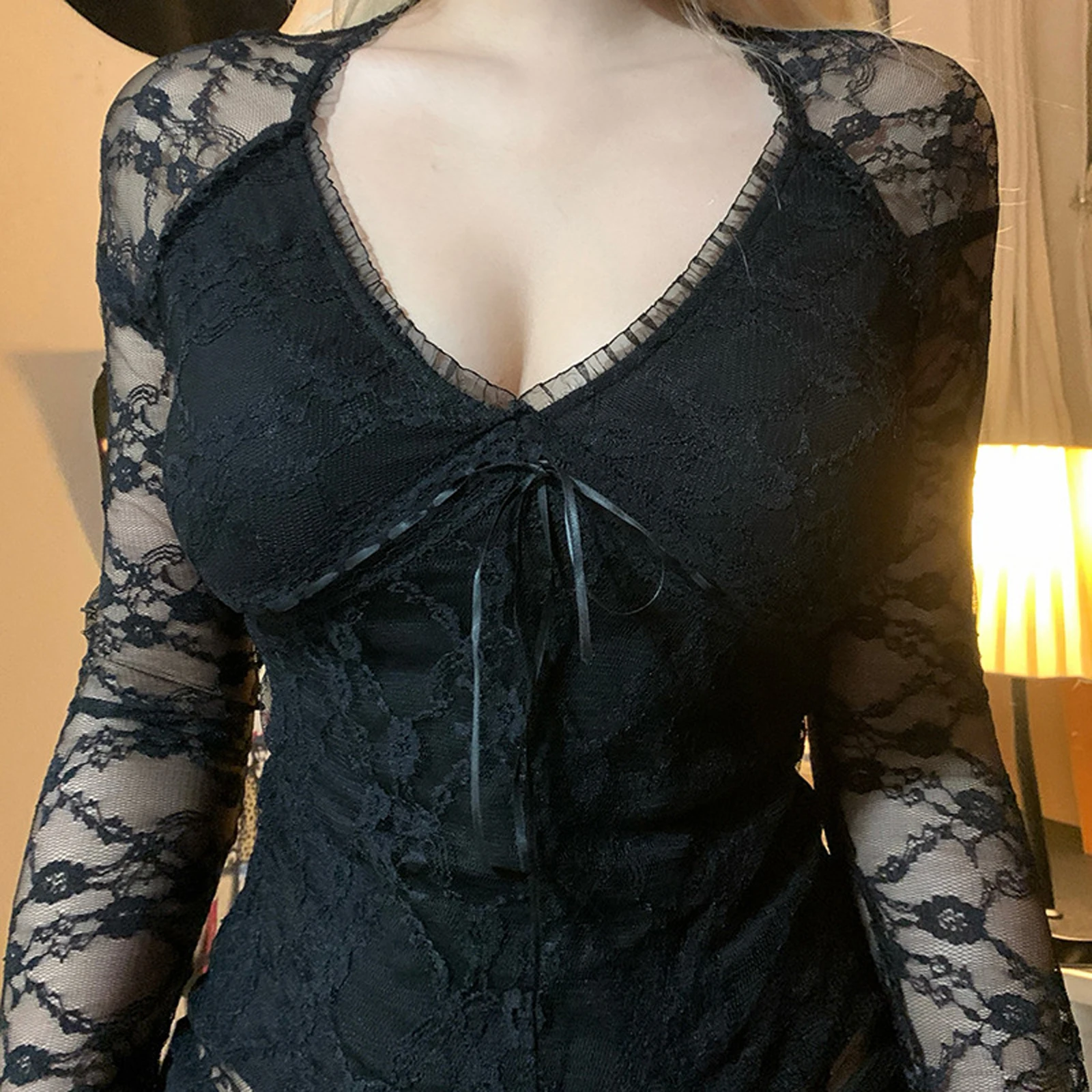 

Women's Gothic Solid Color Lace Tops Long Sleeve Sexy V Neck Tie-up Front Slim Fit T-Shirts Blouses Club Streetwear