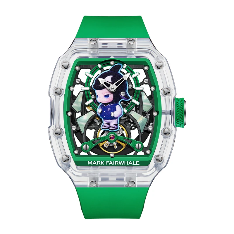 Mark Fairwhale Men Automatic Watch 48mm Acylic Tonneau Mechanical Wristwatch Skeleton Dial 30M Waterproof Luminous