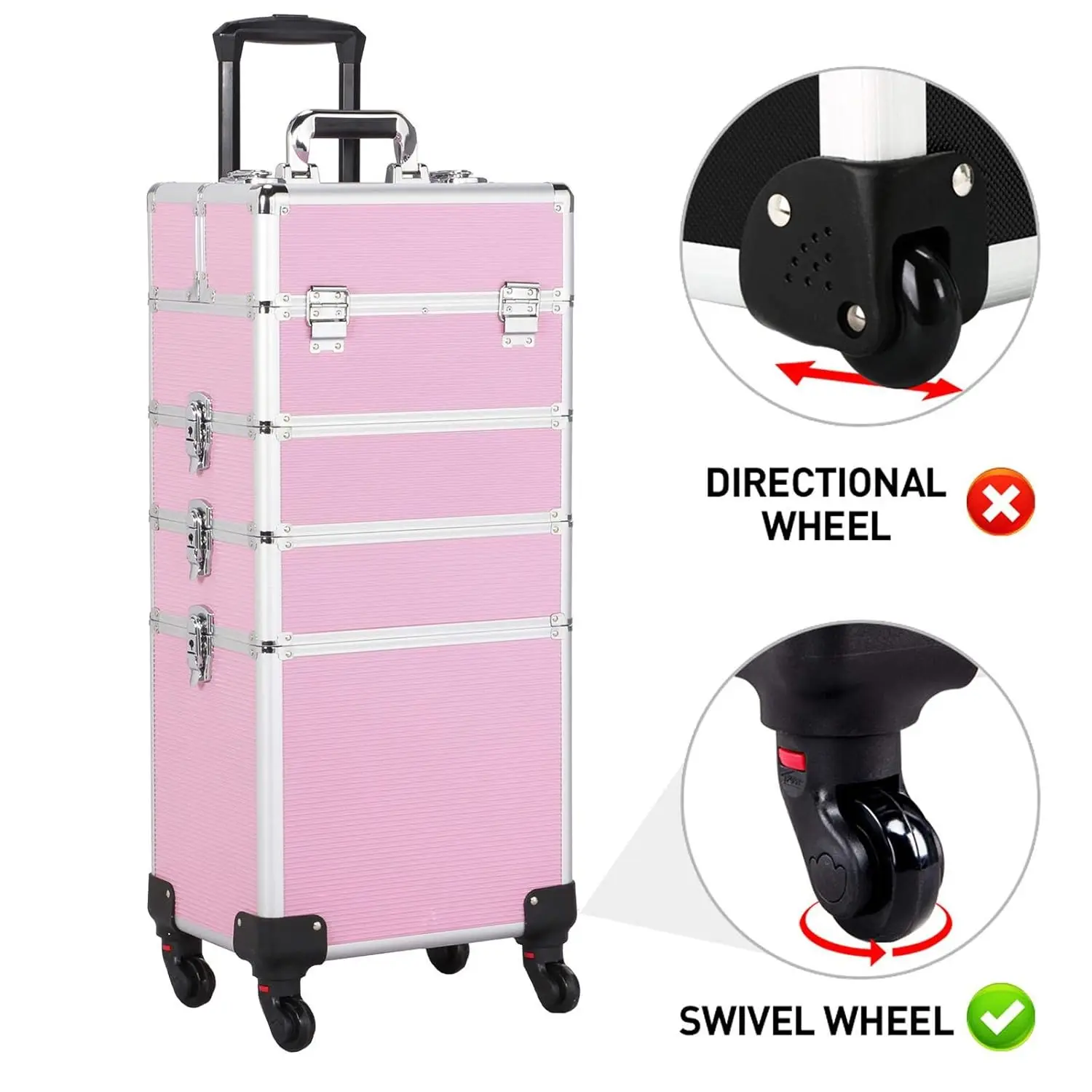 4-in-1 Rolling Cosmetic Trolley with Removable Wheels, Pink Makeup Case Organizer for Travel view 6