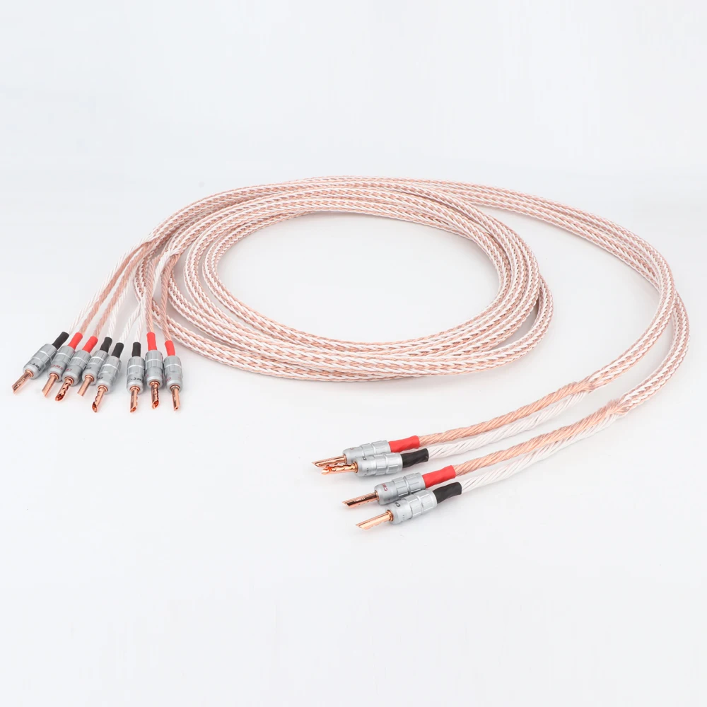 Preffair 12TC-Lautsprecherkabel Hi-End 7N OCC Kupfer-Bit-Draht-Lautsprecherkabel mit 2 Spaten-Buchsen auf 4 Bananen-Lautsprecherkabel für Audioverstärker 4