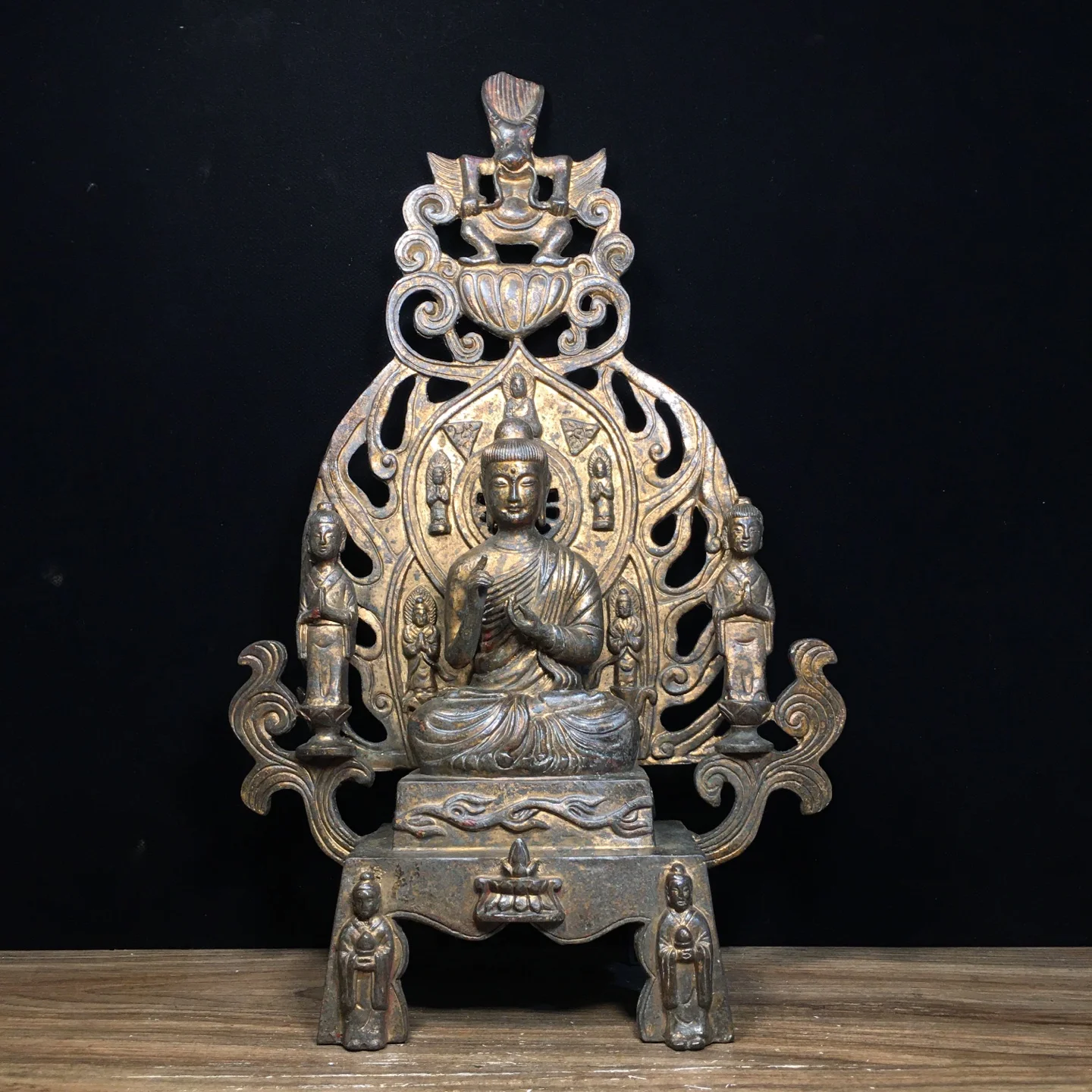 Old Bronze Cinnabar Northern Wei Buddha Shakyamuni Left and right protectors Buddha Terrace Sitting Buddha Worship Hall