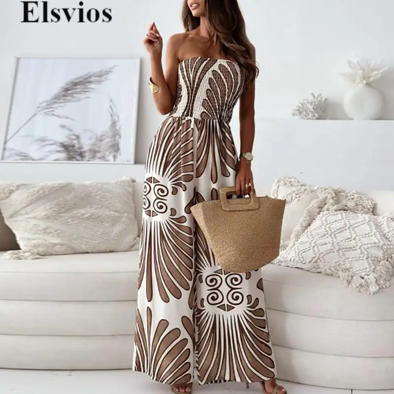 

2024 Summer Sexy Beach Pattern Print Vocation Playsuit Fashion Lady Strapless High Waist Jumpsuit Casual High Street Slim Romper