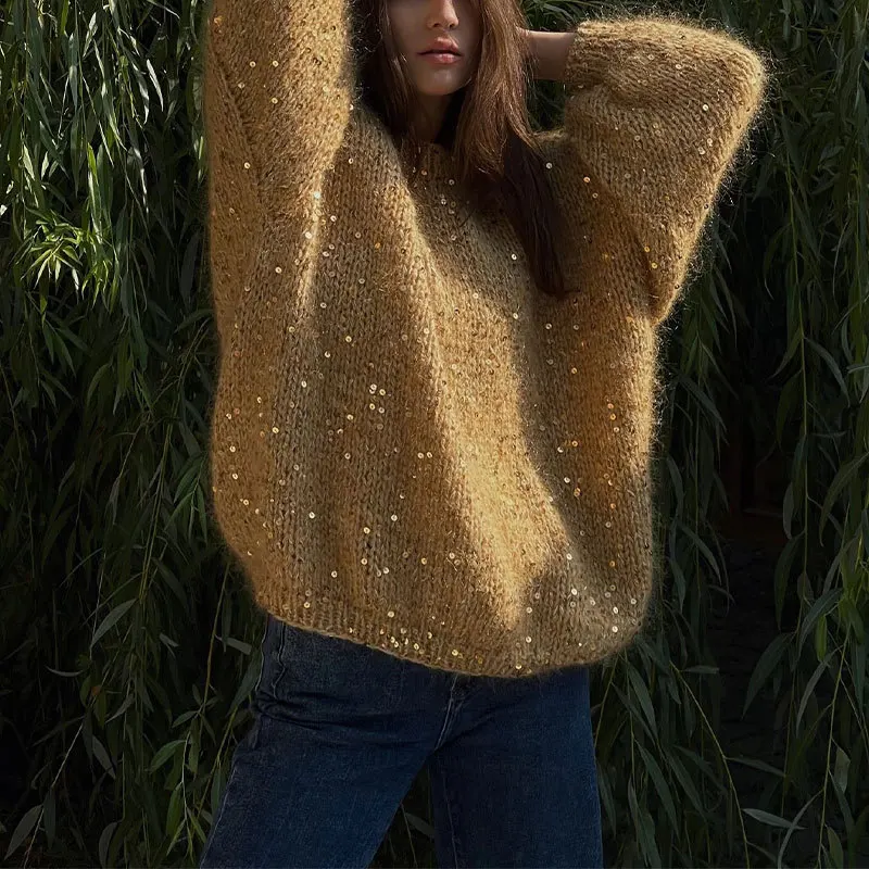 

Fashion Sequined Mohair Sweater 2025 American New Product Loose Round Neck Lantern Sleeve Head Knitted Sweater