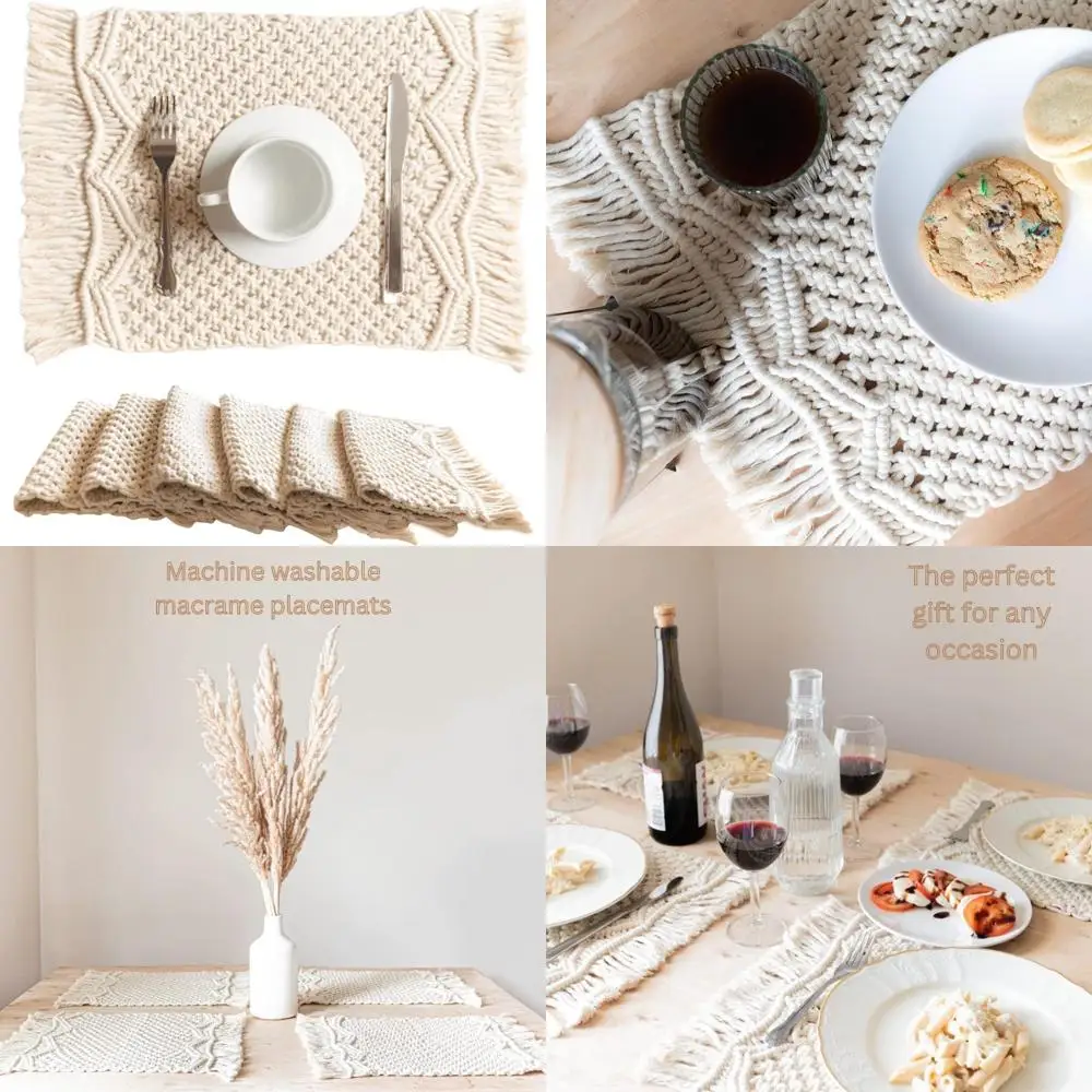 

Macrame Placemats Set of 6 - Handmade Cotton Woven Boho Placemats - Modern Farmhouse Fringe Placemats for Dining Table, Kitchen