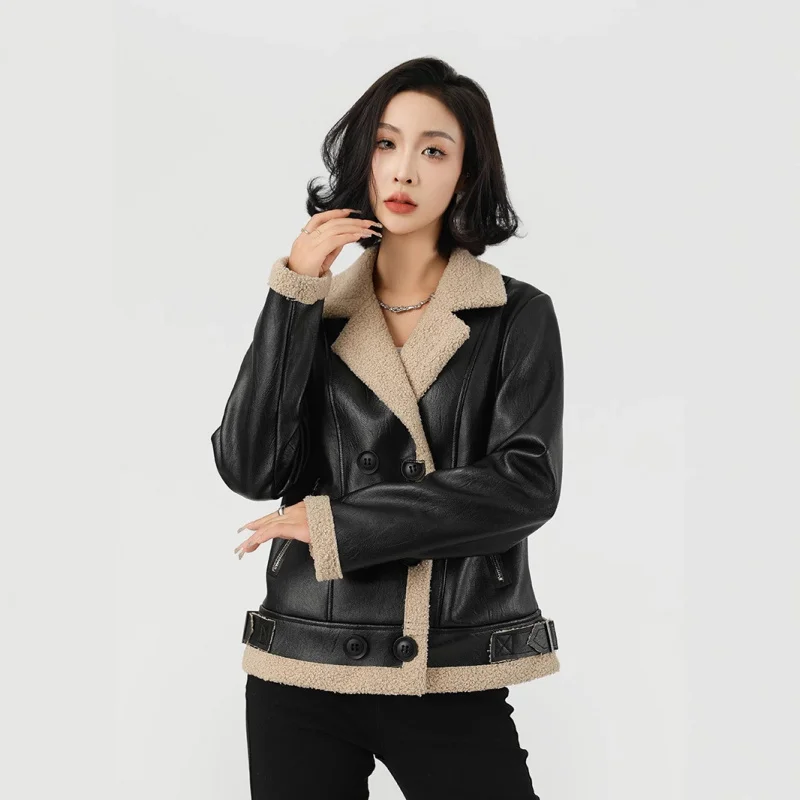 Casaco de couro grosso forrado de lã casaco feminino inverno senhora casaco de pele de couro feminino