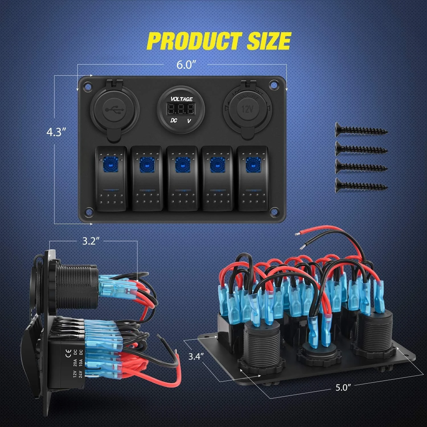 لوحة مفاتيح ألومنيوم سلكية مسبقًا من Waywe 5-Gang 12V-24V DC |   USB، ولاعة السجائر، ملصقات توهج الفولتميتر للسيارات، RVs، الشاحنات