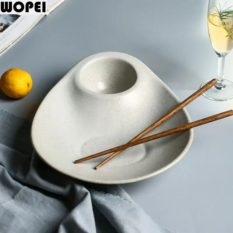 Irregular Coarse Pottery Plate Creative Dumpling Plate with Vinegar Dish Snack Plate Serving Plates Molecular Cuisine Tableware