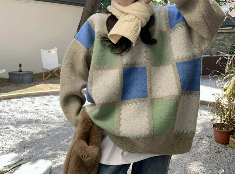 2025 Nuovo maglione pullover scozzese autunno e inverno per donna Maglione lavorato a maglia ampio e spesso