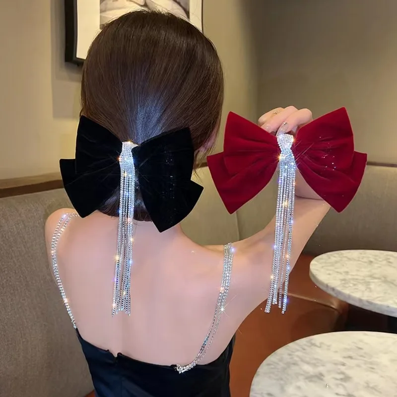 Elegant Red Bow Hairpin Crystal Fringe Tassel Hair Clip for Women Girl Ponytail Rhinestone Beading Fashion Hair Accessories Gift