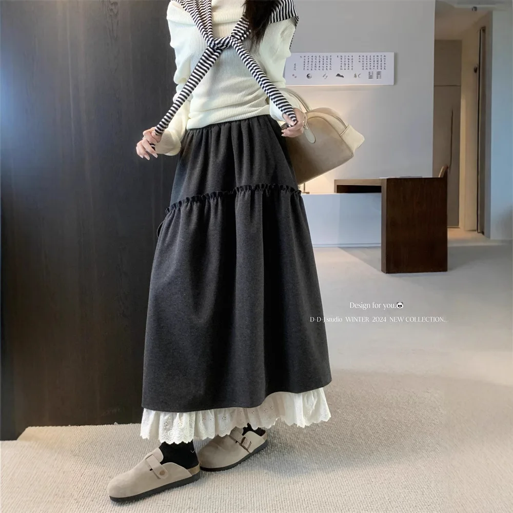 Elastic Waist Lace Splicing Skirt Women's 2025 Autumn and Winter New High Waist Thin A Word Medium and Long Skirt