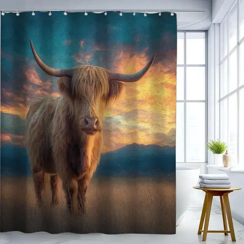 Rustic Highland Cow Sunset Animal Art Shower Curtain Polyester Waterproof Bathroom Decor Tropical Wildlife Curtain for Home Use