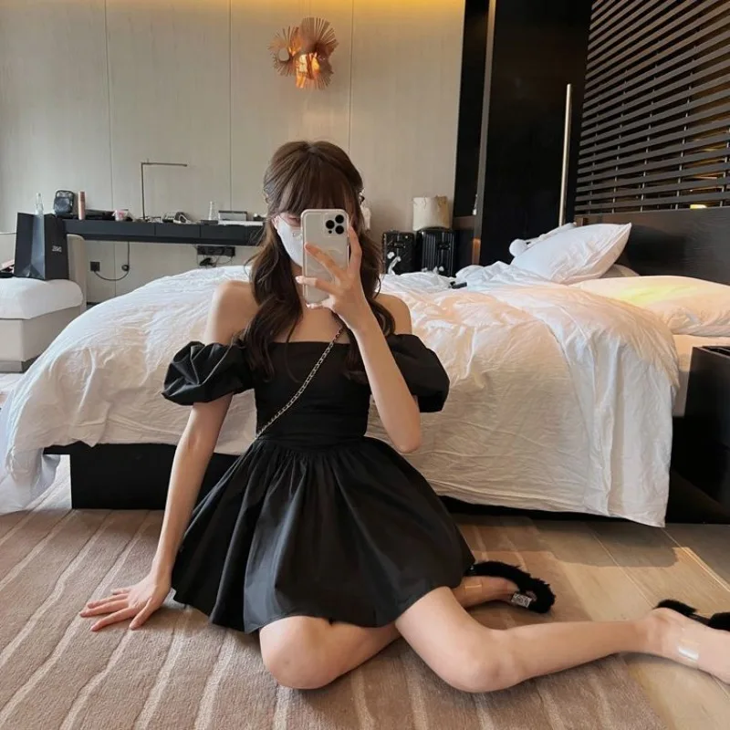 Off-shoulder Dresses Women Defined Waist Daily French Style Casual Ins Streetwear Fashion All-match Sweet Spicy Girls Summer