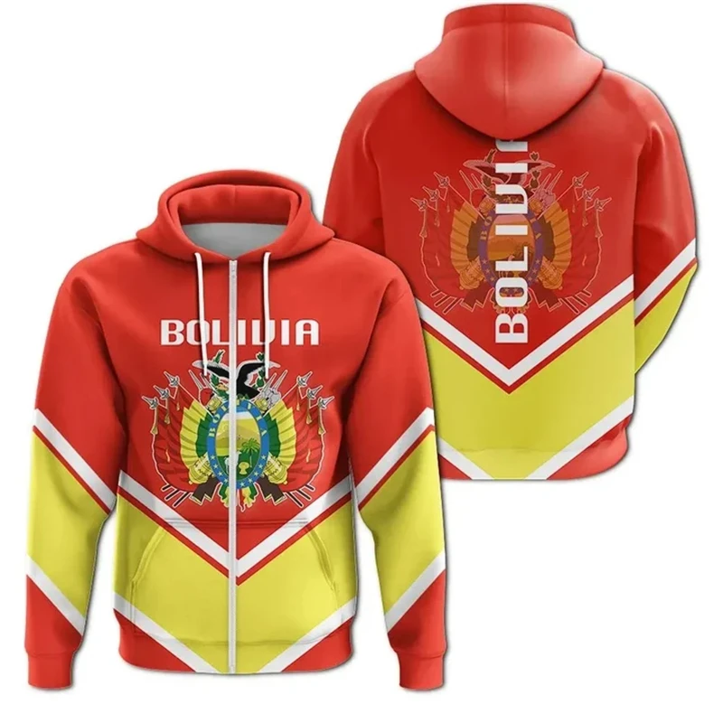 3D Printed Men\'s Bolivia Flag Hoodie Long Sleeve Casual Zipper Jacket Sweatshirt Sportswear For Men Women Pullovers Hoodies 2024