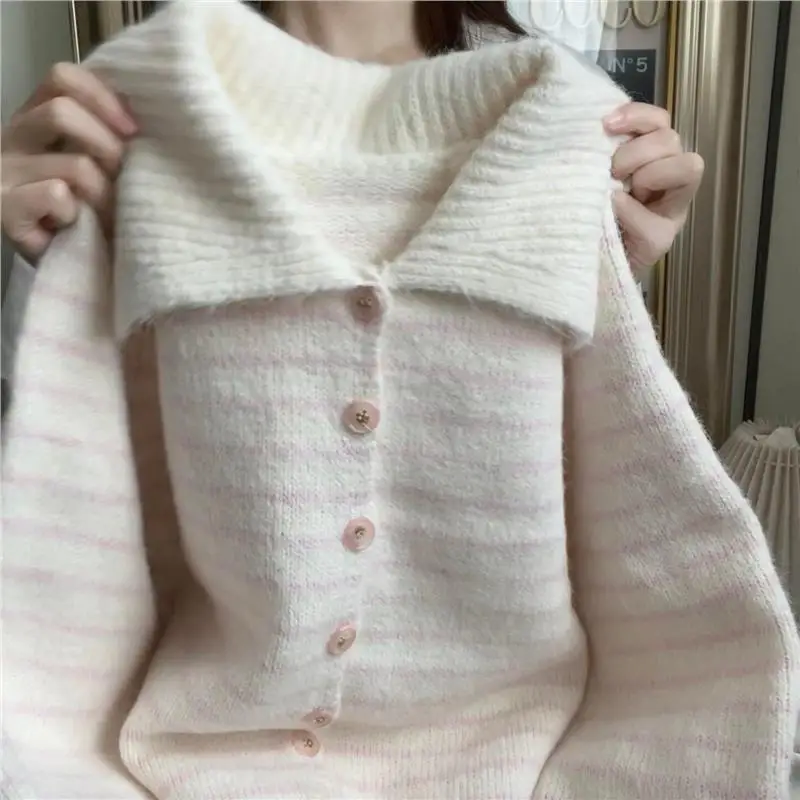 

Свободный крой, вязаный свитер, полосатый открытый кардиган, пальто для мужчин и женщин, зимнее теплое нежное пальто для колледжа, милый цвет, блузка