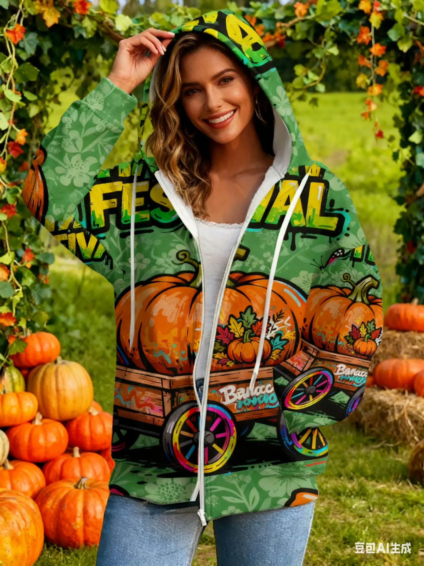 Carrello di zucca con stampa completa 3D del Ringraziamento e graffiti floreali, elegante felpa con cappuccio con cerniera per la celebrazione autunnale del Ringraziamento