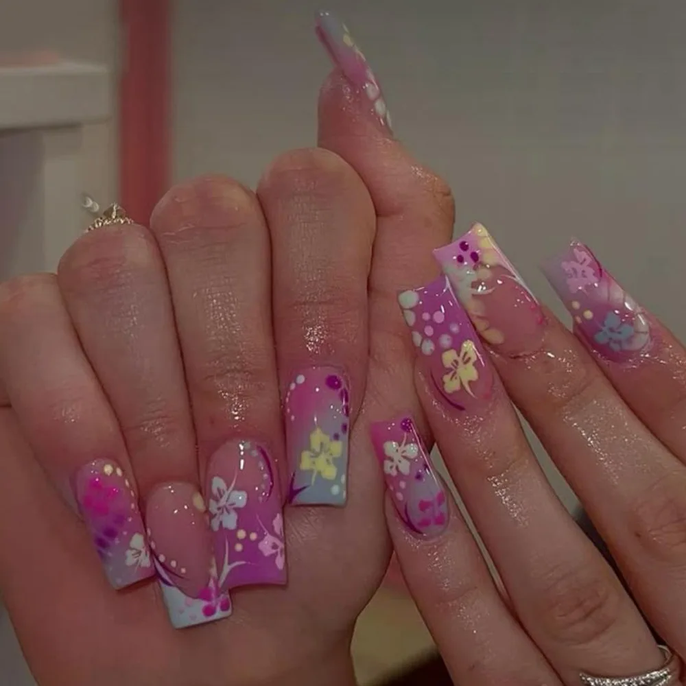 

24pcs Mid-length Square False Nails Colorful Flower Full Cover Nail Tips Fashion French Fake Nail Wearable Press on Nails Sets