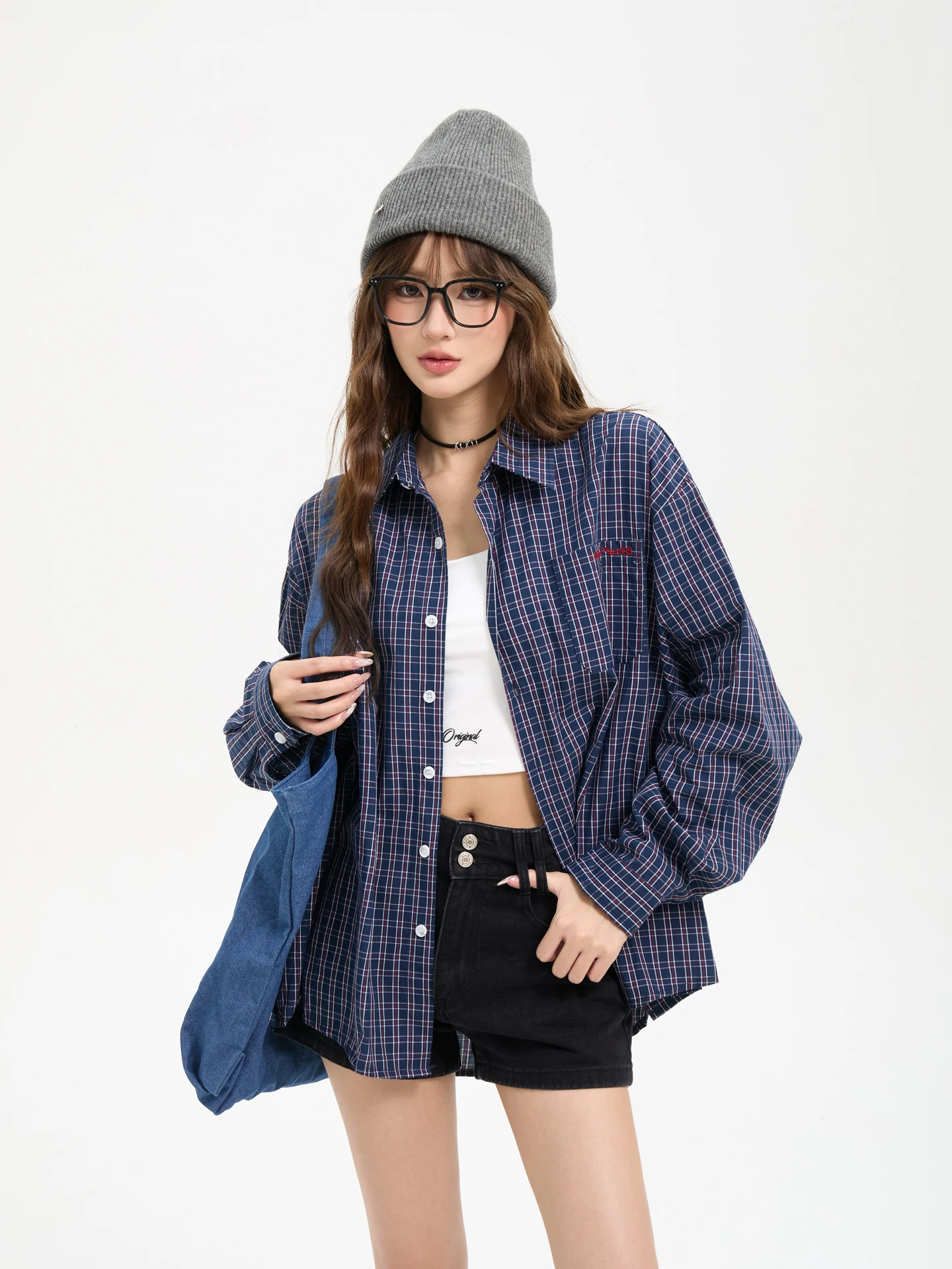 

7KEEWEN Осенняя женская рубашка в американском ретро-стиле, свободного кроя, в клетку, с длинным рукавом, повседневная, нейтральная, свободная посадка