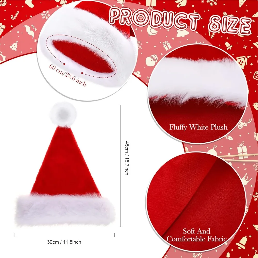 20 Pcs Santa Hat, Christmas Hat Bulk Plush Unisex Xmas Hats for Adults Women & Men Party Costume(Red)